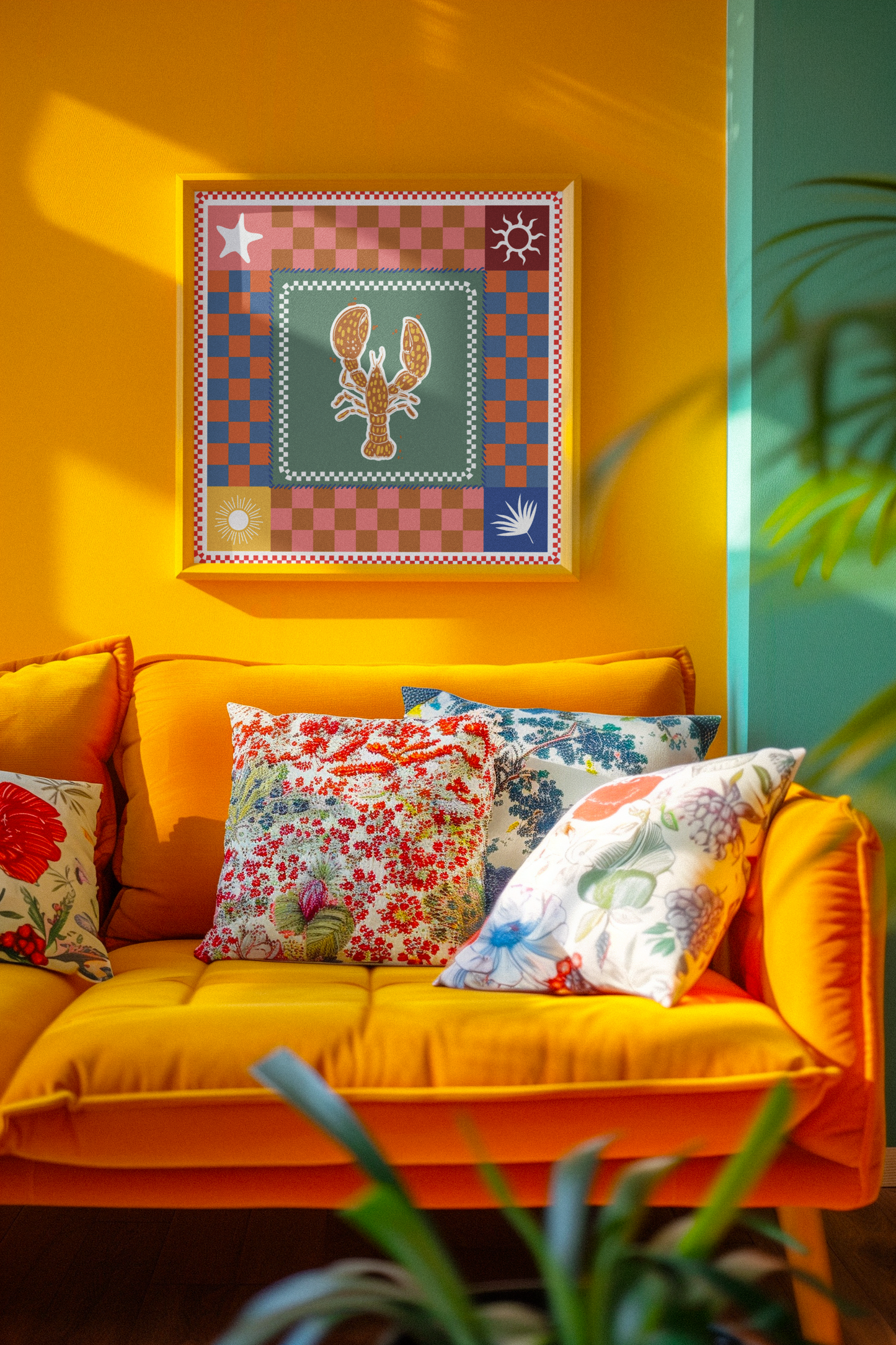 Eclectic Coastal Charm Lobster & Checkered Art Print
