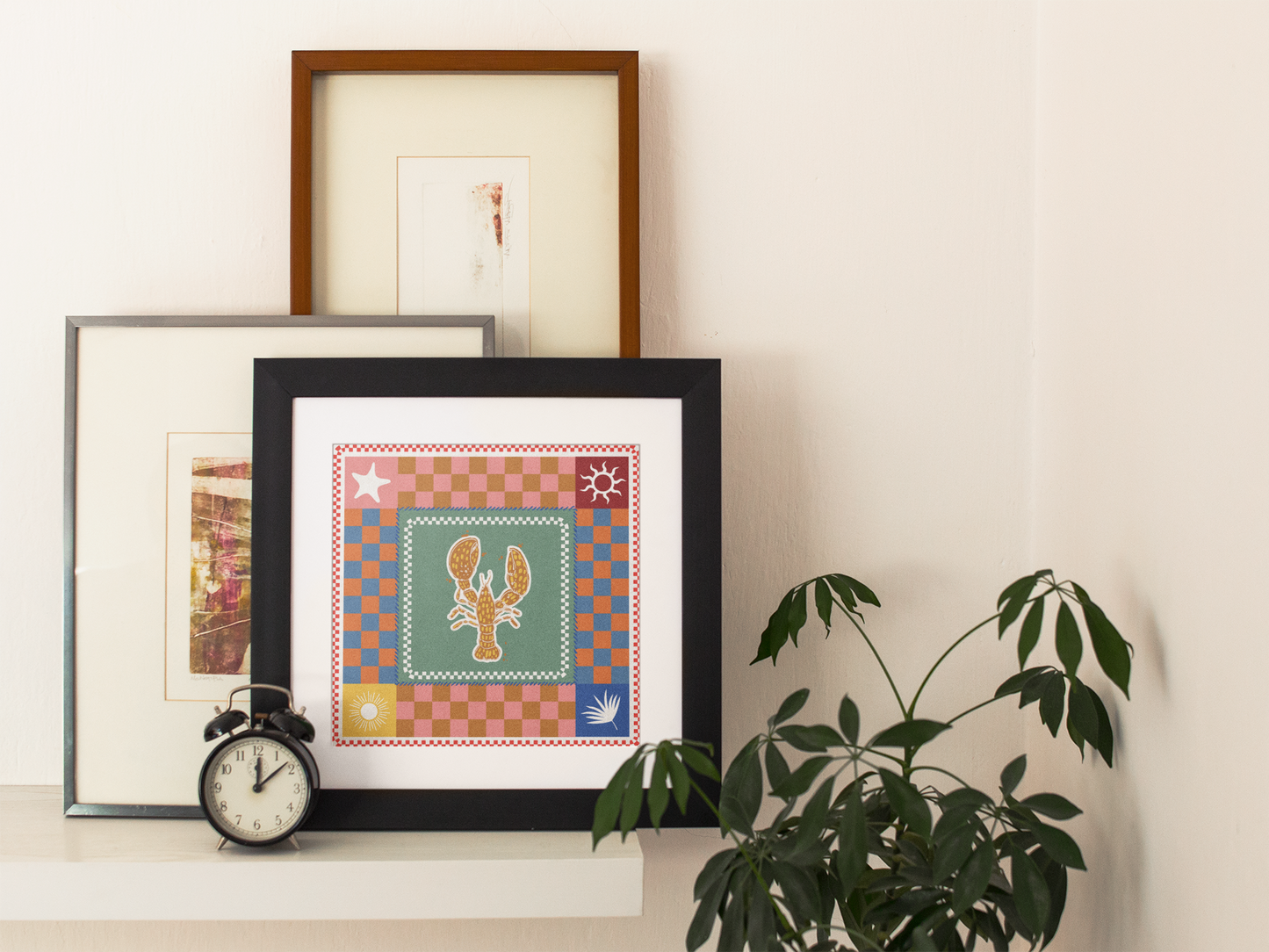 Eclectic Coastal Charm Lobster & Checkered Art Print
