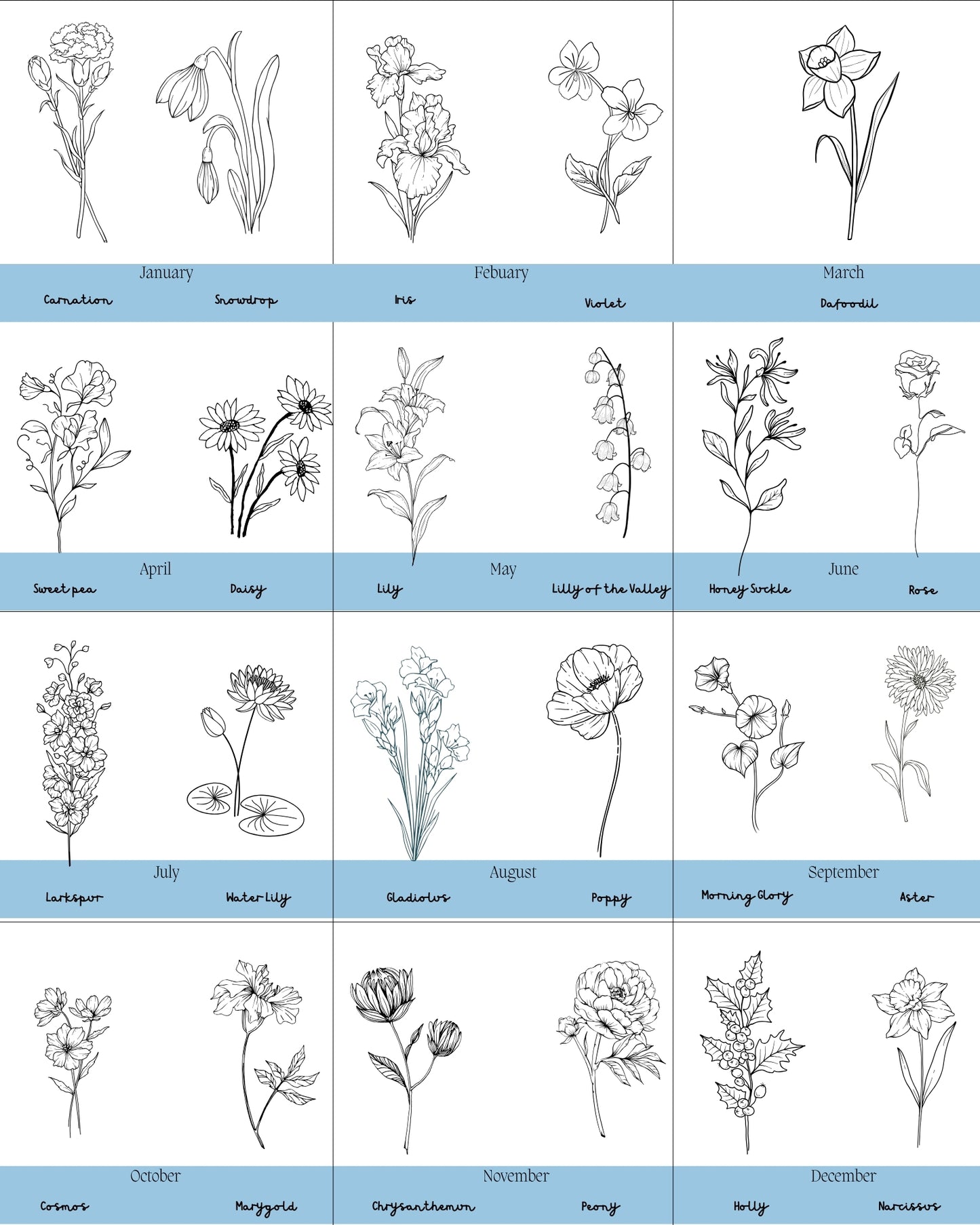 Personalised Birth Month Flower Prints | Botanical Line Art