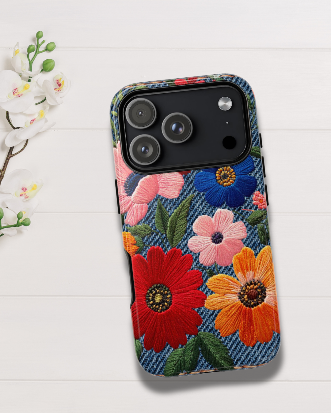 Embroidered Denim Floral Phone Case 🌸