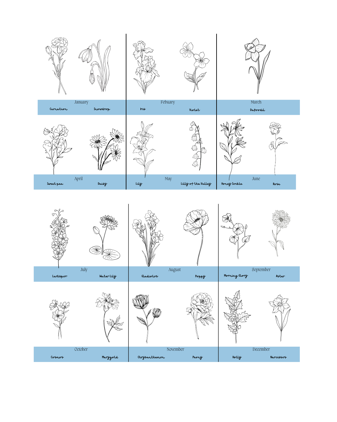 Personalised Birth Month Flower Prints | Botanical Line Art