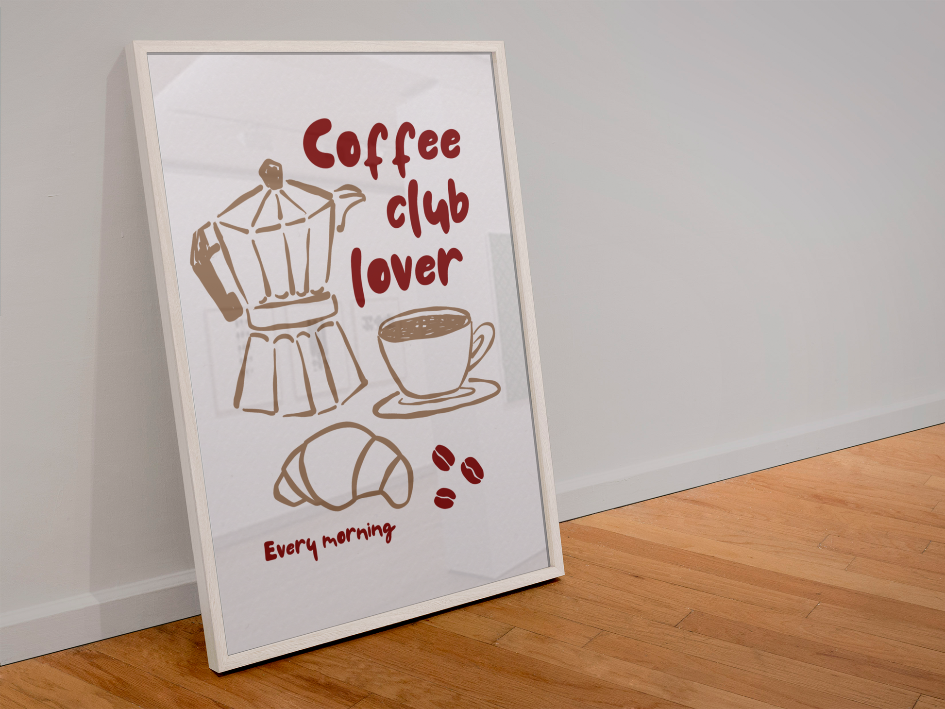 Framed poster with coffee-themed design on a white wall.