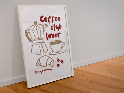 Framed poster with coffee-themed design on a white wall.