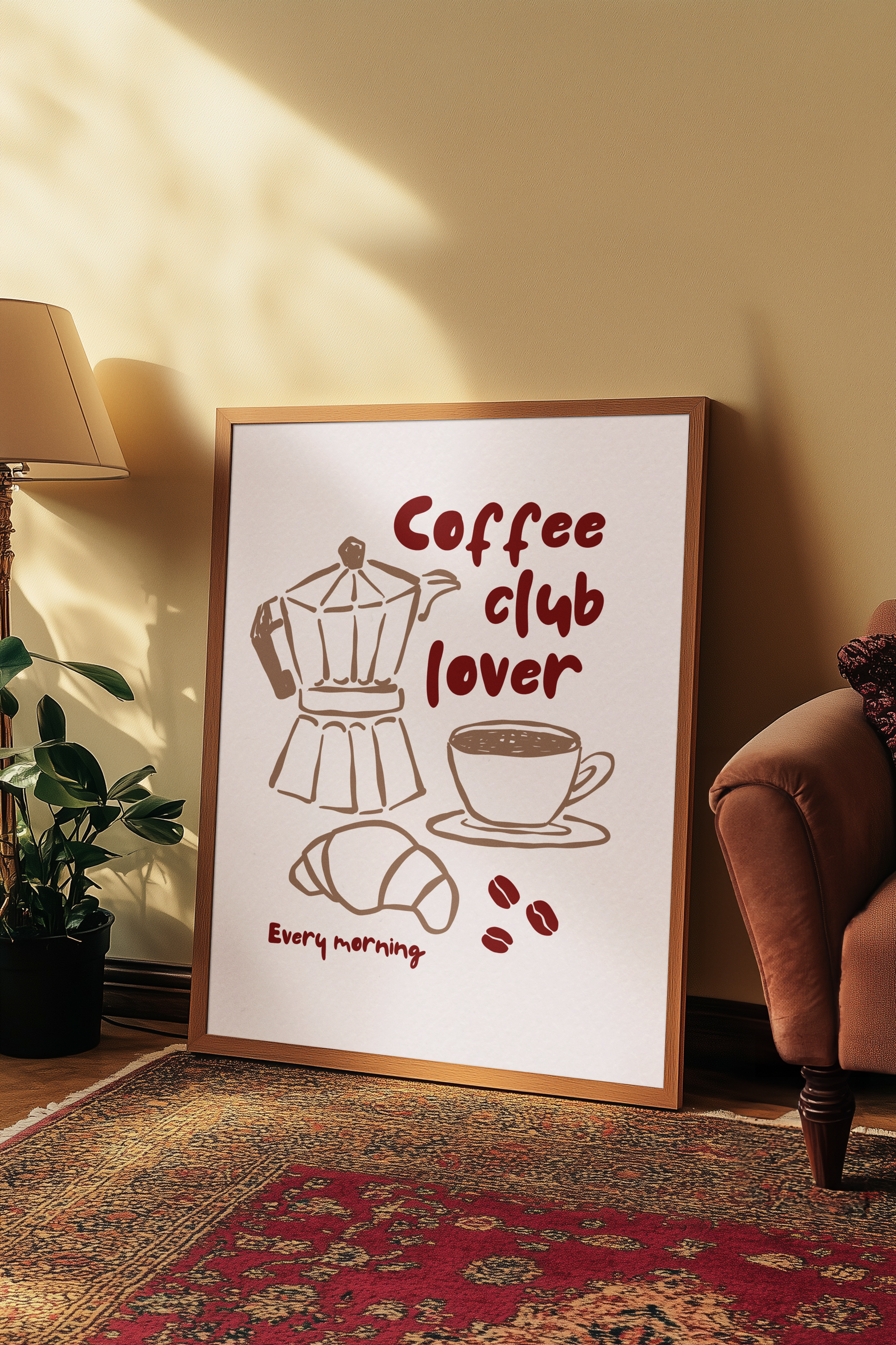 Framed poster with coffee-themed design on a wall in a cozy room.