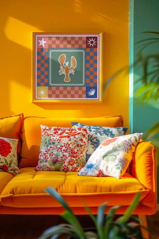 Eclectic Coastal Charm Lobster & Checkered Art Print