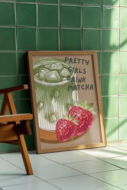 Strawberry Matcha Illustrated Drink Print