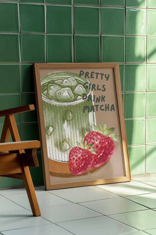 Strawberry Matcha Illustrated Drink Print