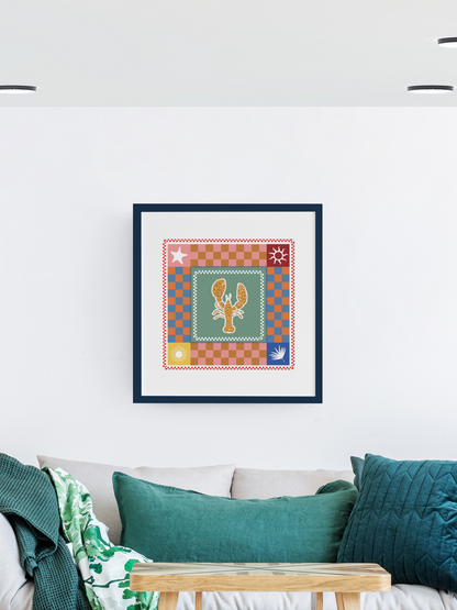 Eclectic Coastal Charm Lobster & Checkered Art Print