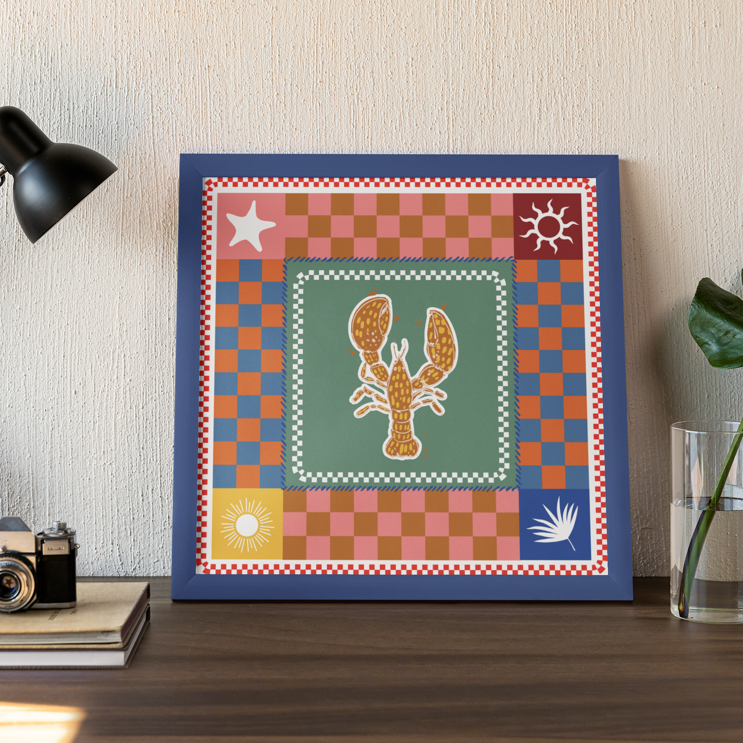 Eclectic Coastal Charm Lobster & Checkered Art Print