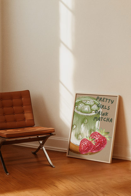 Strawberry Matcha Illustrated Drink Print