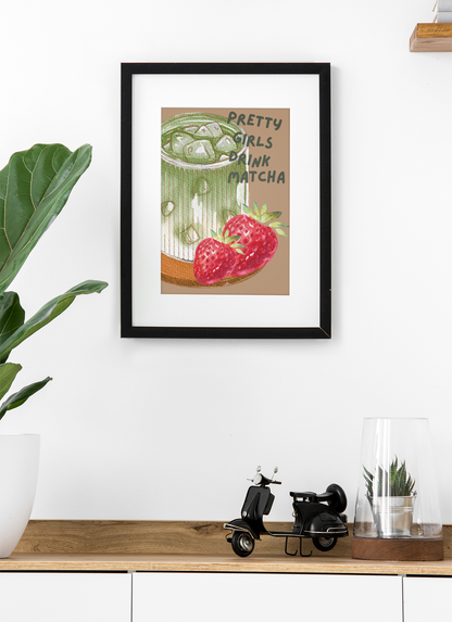 Strawberry Matcha Illustrated Drink Print