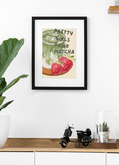 Strawberry Matcha Illustrated Drink Print
