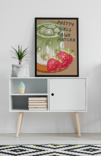 Strawberry Matcha Illustrated Drink Print