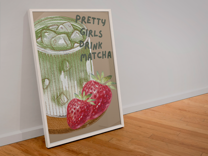 Strawberry Matcha Illustrated Drink Print
