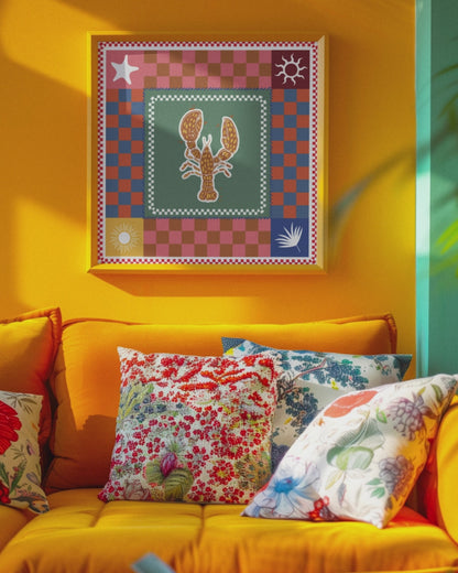 Eclectic Coastal Charm Lobster & Checkered Art Print