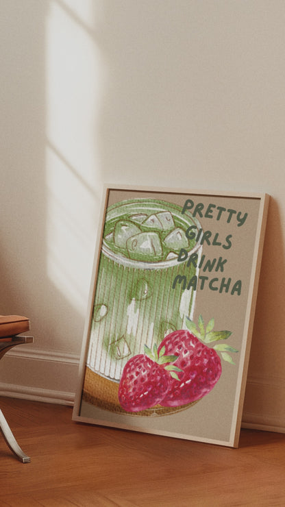 Strawberry Matcha Illustrated Drink Print