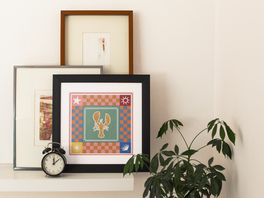 Eclectic Coastal Charm Lobster & Checkered Art Print