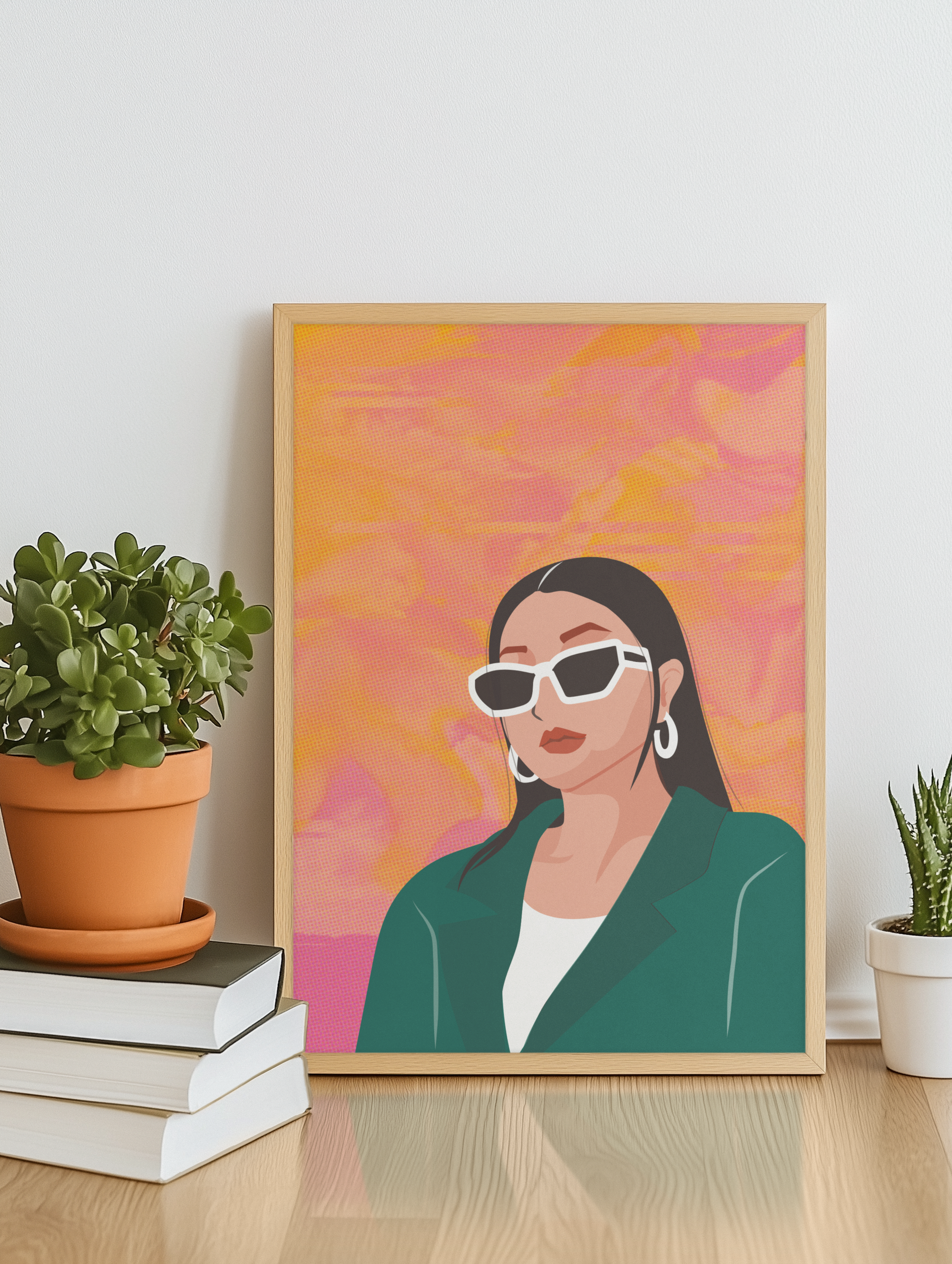 woman with sunglasses, hoop earrings and a bold outfit against a colourful background
